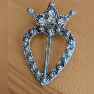 Silver Heart Crown Brooch